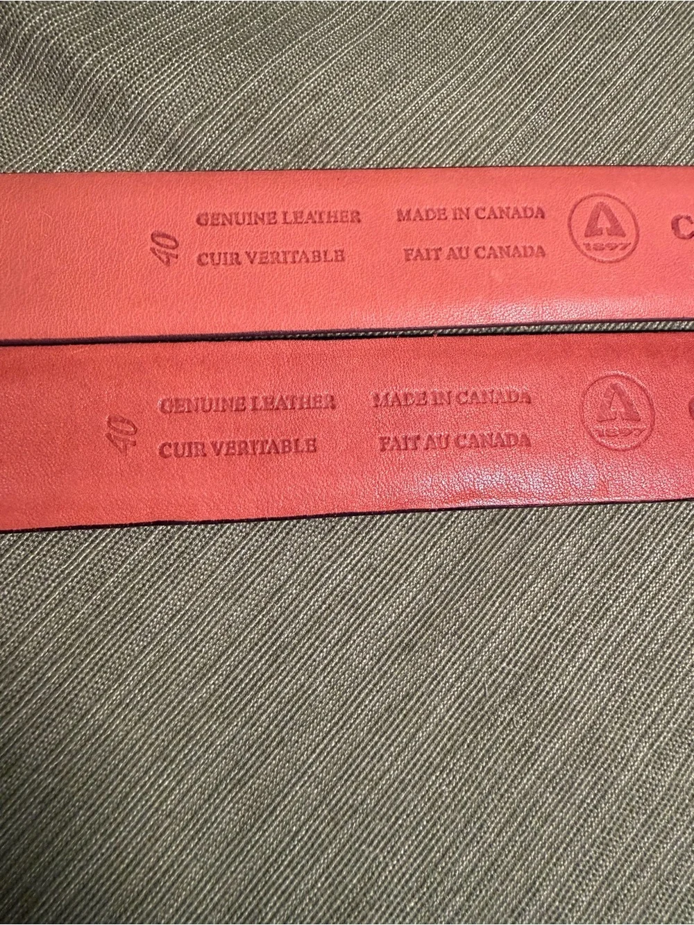 Pair of Cobbler made in Canada smooth leather belts size 40.